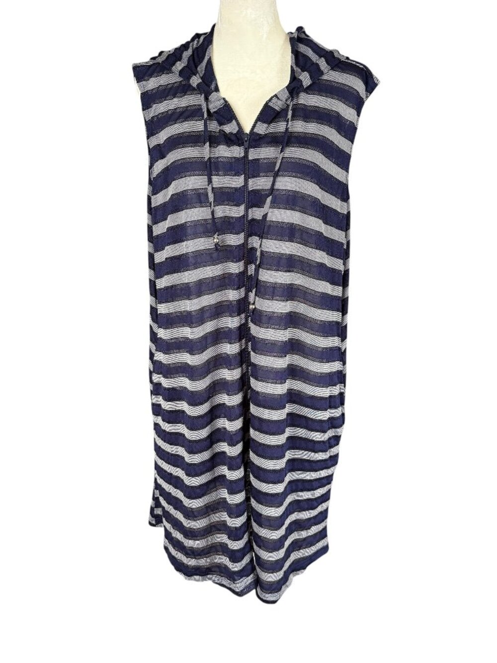 Portocruz blue and gray striped sleeveless zip up hoodie dress women's size 1X